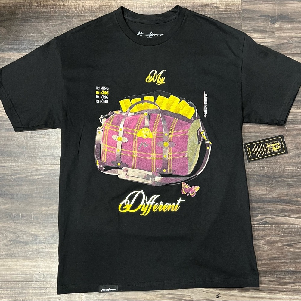 Positive wear Black Graphic T-Shirt with Purple and Yellow Design